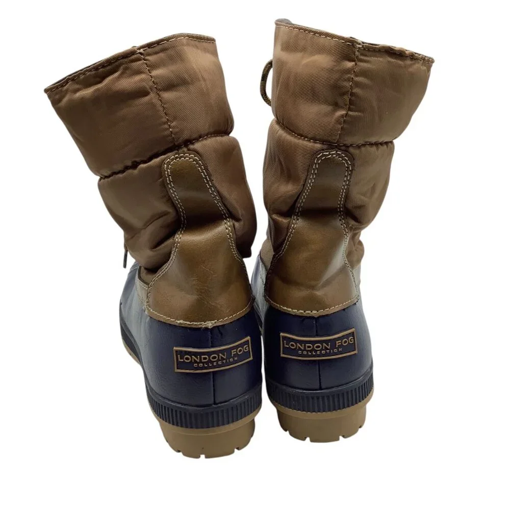 London Fog Women Duck Boots Size‎ 6 MITTEN Lined Winter Brown Navy Roll Down